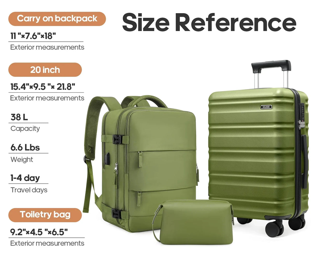 Nouveauté 2026 – Ensemble de bagages MIUSSE , 3 pièces : valise cabine 20 pouces à roulettes, coque rigide 100 % PC avec serrure TSA, conforme aux normes des compagnies aériennes, avec sac à dos de voyage pour hommes et femmes