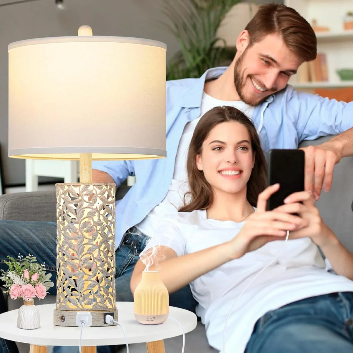 Nouveauté 2026 – Ensemble de 2 lampes de table Cinkeda pour salon et chambre à coucher, avec ports USB, prise secteur, intensité réglable à 3 niveaux, veilleuse tactile, style champêtre, motif floral blanc, lampes de chevet