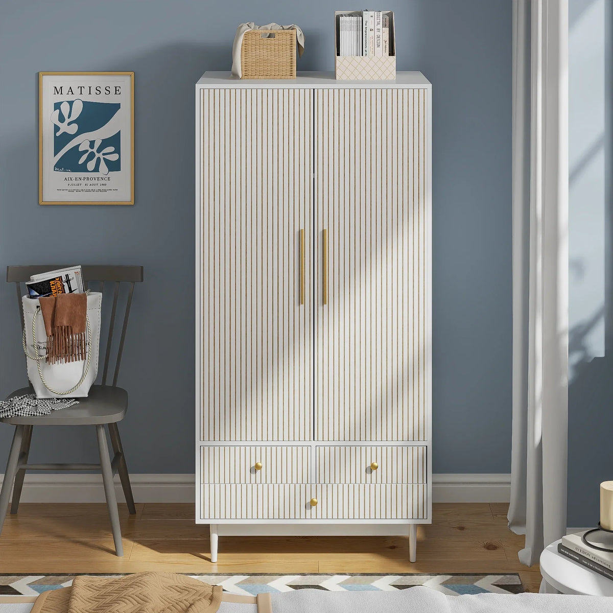 Nouveauté 2026 – Armoire-penderie Armoire , meuble de rangement avec tiroirs et penderie pour chambre à coucher, blanc
