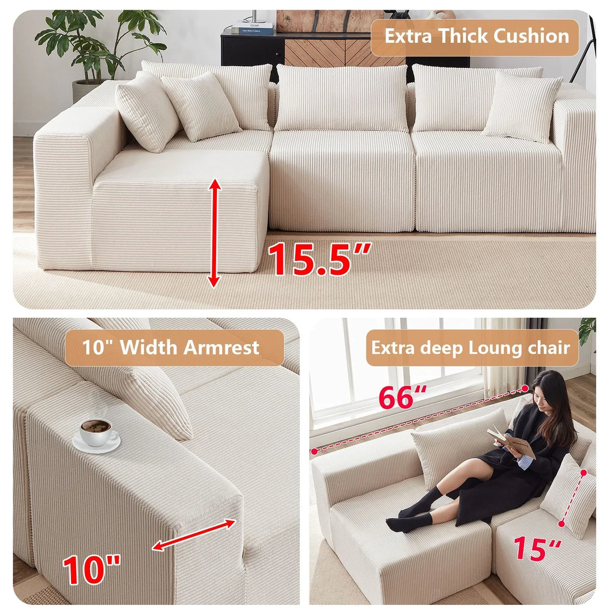 Nouveauté 2026 – Canapé d'angle modulaire en velours côtelé de 264 cm (104 pouces), ensemble de canapés de sol de luxe, mobilier d'intérieur rembourré, canapé compressé en mousse pour salon et chambre, combinaison libre de 4 pièces