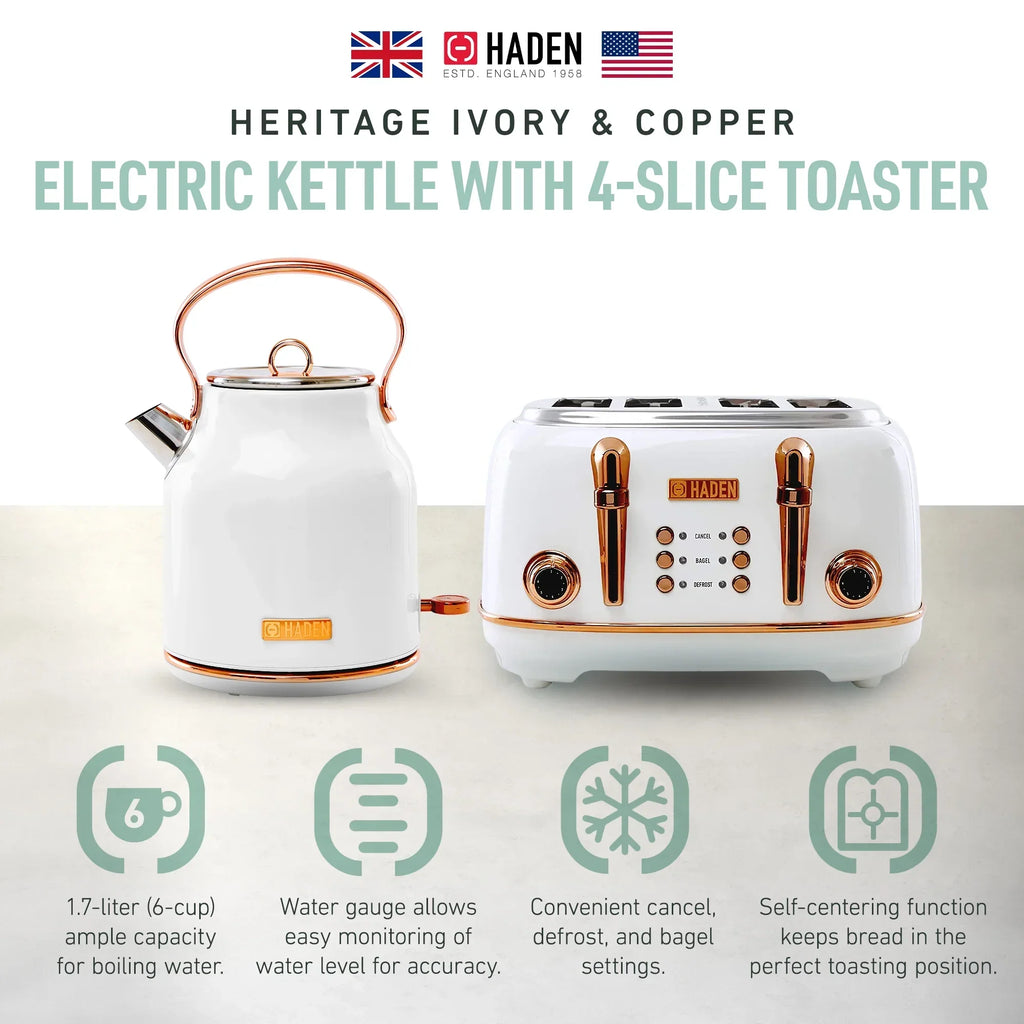 Nouveauté 2026 – Bouilloire électrique Haden Heritage 1500 1,7 W , finition noir mat avec accents cuivrés