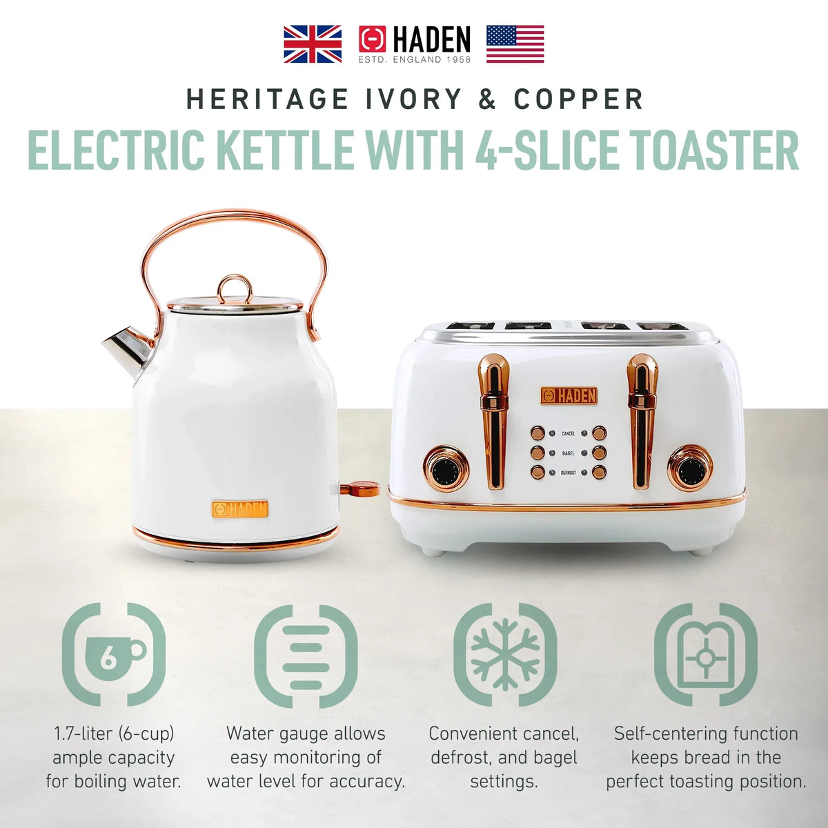 Nouveauté 2026 – Bouilloire électrique Haden Heritage 1500 1,7 W , finition noir mat avec accents cuivrés
