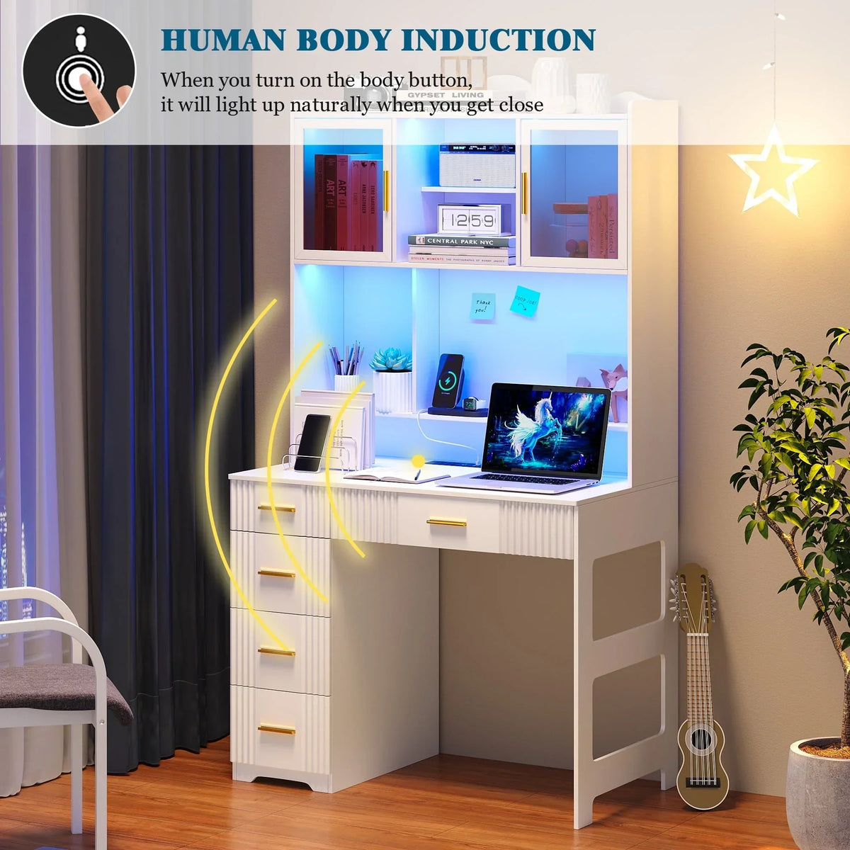 Nouveauté 2026 – Bureau d'étude LED HNEBC avec étagère et tiroir, bureau pour bureau à domicile avec prise électrique, bureau d'ordinateur avec station de charge, bureau d'écriture pour chambre, poste de travail pour petits espaces