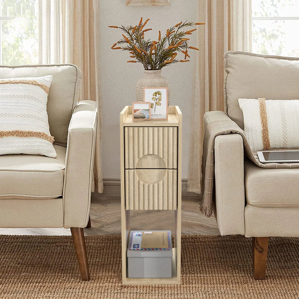 Nouveauté 2026 – Ensemble de 2 tables de chevet étroites Narrow avec tiroirs, table d'appoint fine cannelée avec rangement pour petits espaces