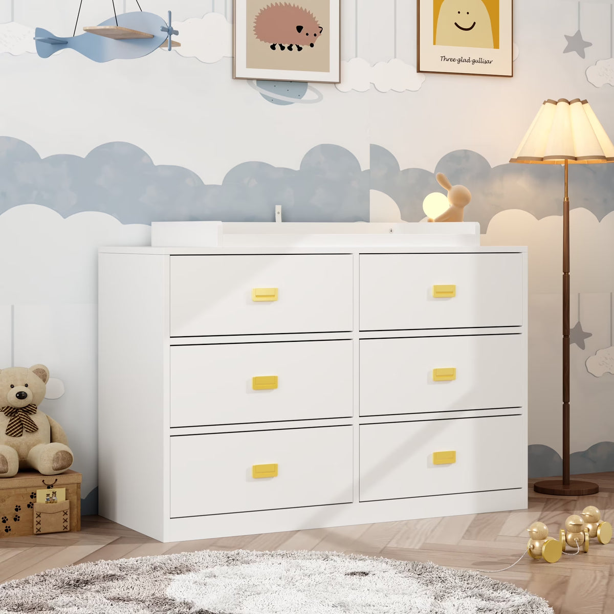 Nouveauté 2026 – Table à langer/commode pour chambre de bébé OXYLIFE , 114 cm (45 po), avec 4 tiroirs et une étagère, blanche