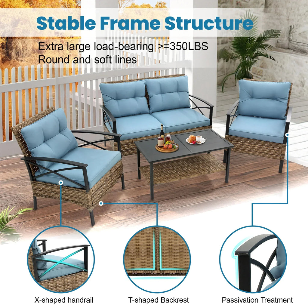 Nouveauté 2026 – Ensemble de mobilier de patio robuste , ensemble de conversation d'extérieur sectionnel 4 pièces, ensemble de canapé de patio en rotin PE marron avec coussins bleus