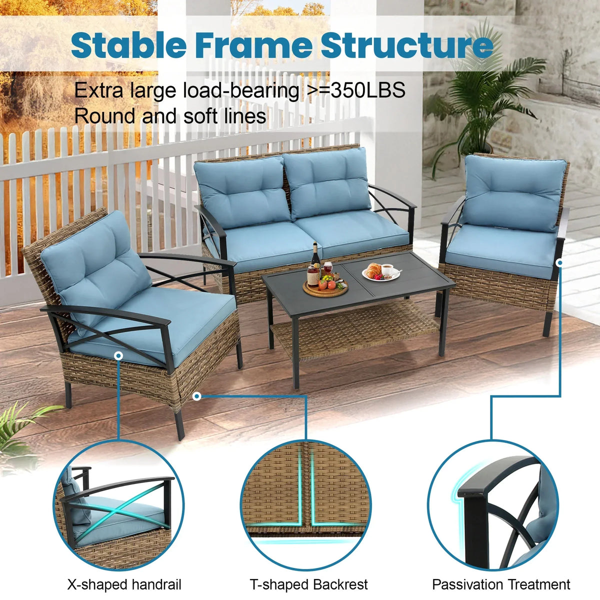 Nouveauté 2026 – Ensemble de mobilier de patio robuste , ensemble de conversation d'extérieur sectionnel 4 pièces, ensemble de canapé de patio en rotin PE marron avec coussins bleus