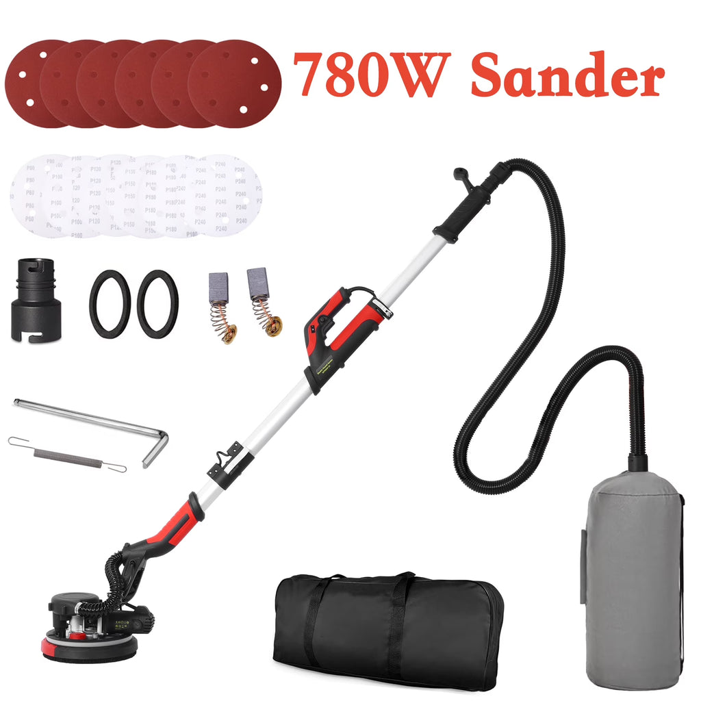 Nouveauté 2026 – Ponceuse électrique pour cloisons sèches POVANLI 780 W avec aspiration des poussières, moteur 6,5 A, vitesse variable (900-1800 tr/min), éclairage LED, poignée extensible et pliable, jaune et noir