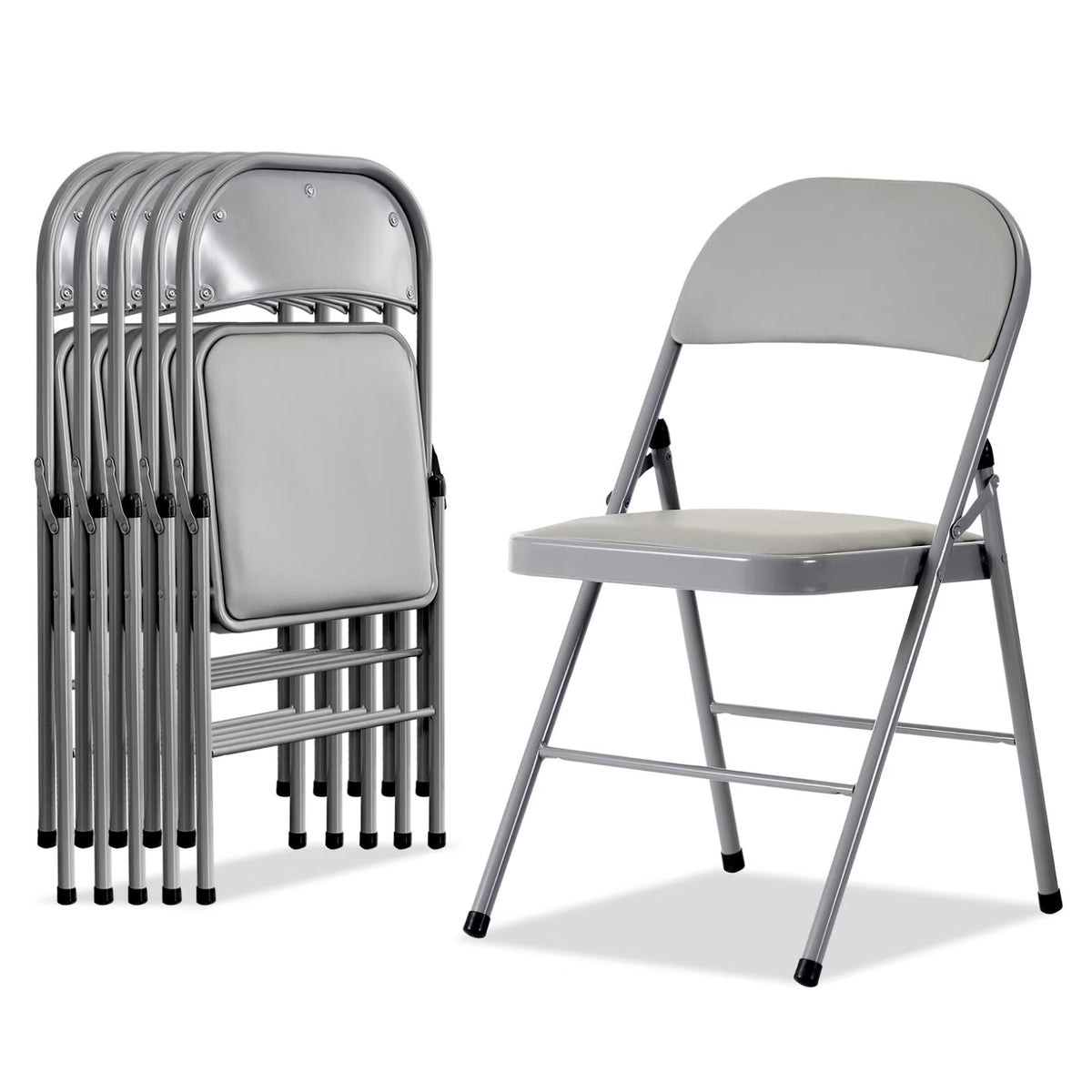 Nouveauté 2026 – Lot de 6 chaises pliantes grises avec assise rembourrée, portables et empilables, pour une utilisation intérieure et extérieure. Structure métallique robuste, idéale pour les événements, bureaux, mariages et fêtes. Capacité de charge