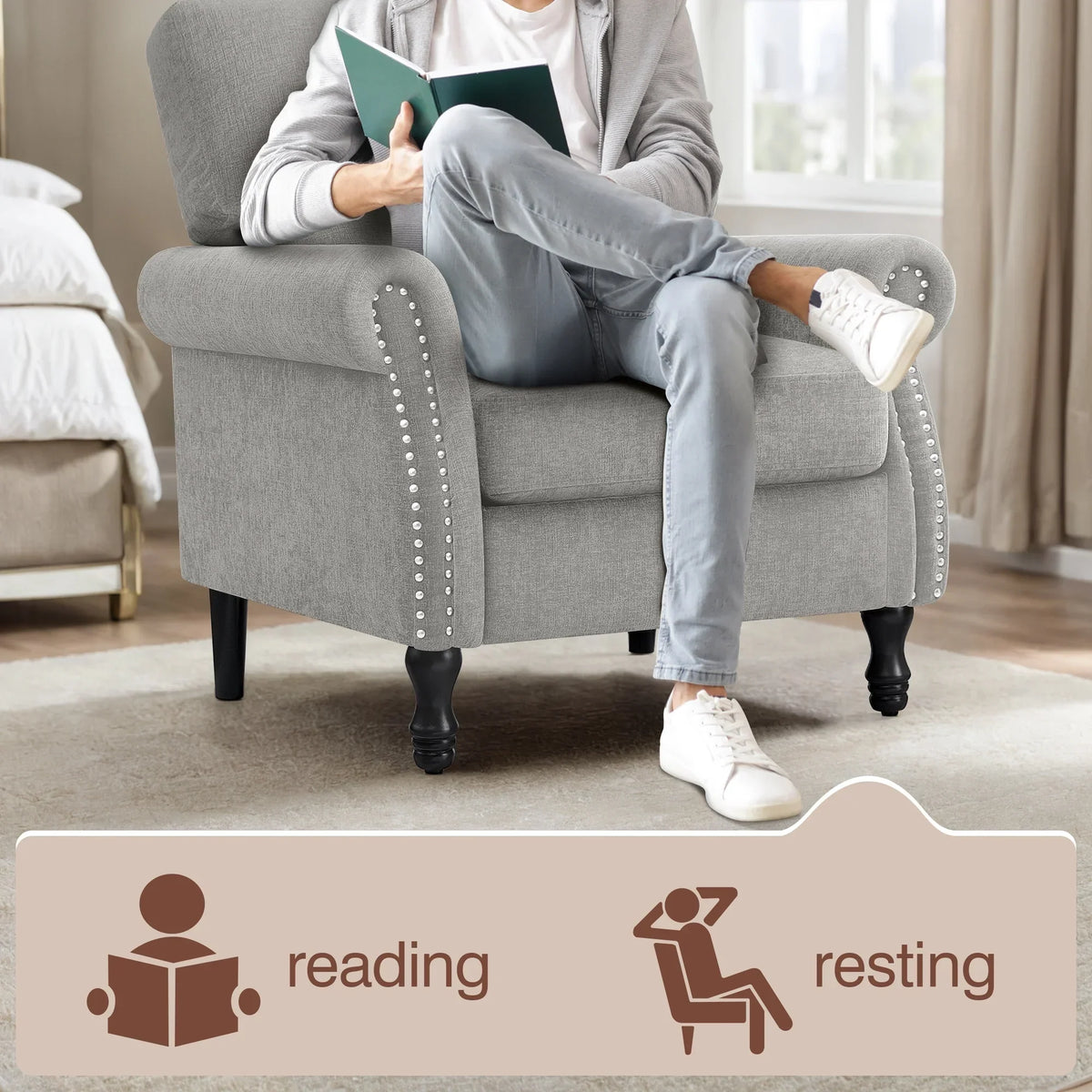 Nouveauté 2026 – Fauteuil d'appoint moderne COOLHUT , canapé une place confortable revêtu de tissu lin avec structure en bois massif, gris