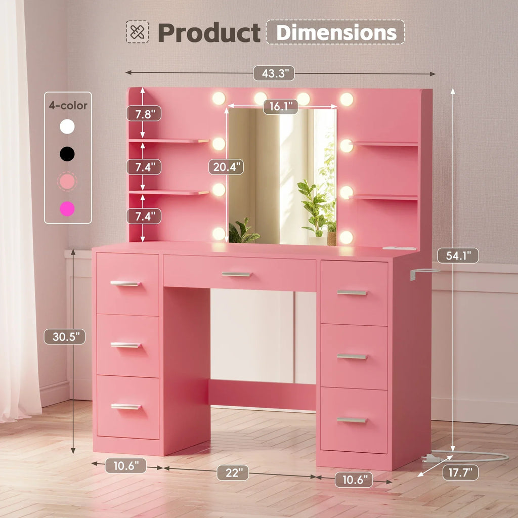 Nouveauté 2026 – Coiffeuse Lacoo avec miroir et éclairage LED, meuble de maquillage avec 7 tiroirs et 4 étagères, table de toilette avec prise électrique pour chambre ou dressing, blanche