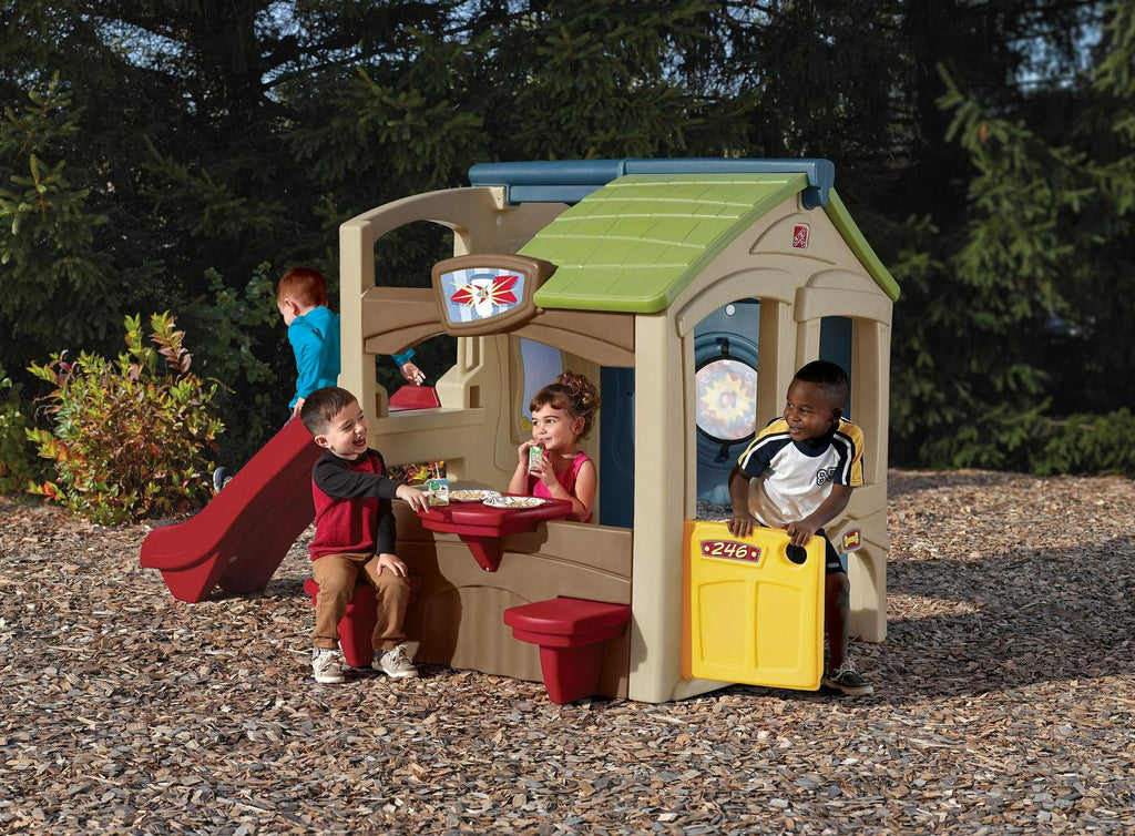 Nouveauté 2026 – Maisonnette marron avec toboggan, centre de loisirs Step2 Neighborhood Fun Center, jouets d'extérieur en plastique pour enfants