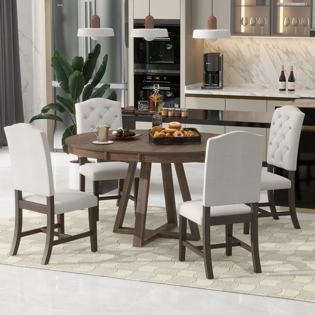 Nouveauté 2026 – Ensemble de salle à manger rond 5 pièces , comprenant une table extensible et 4 chaises rembourrées, en bois, pour 4 personnes. Style campagnard, idéal pour la cuisine, la salle à manger ou un appartement. Couleur : marron