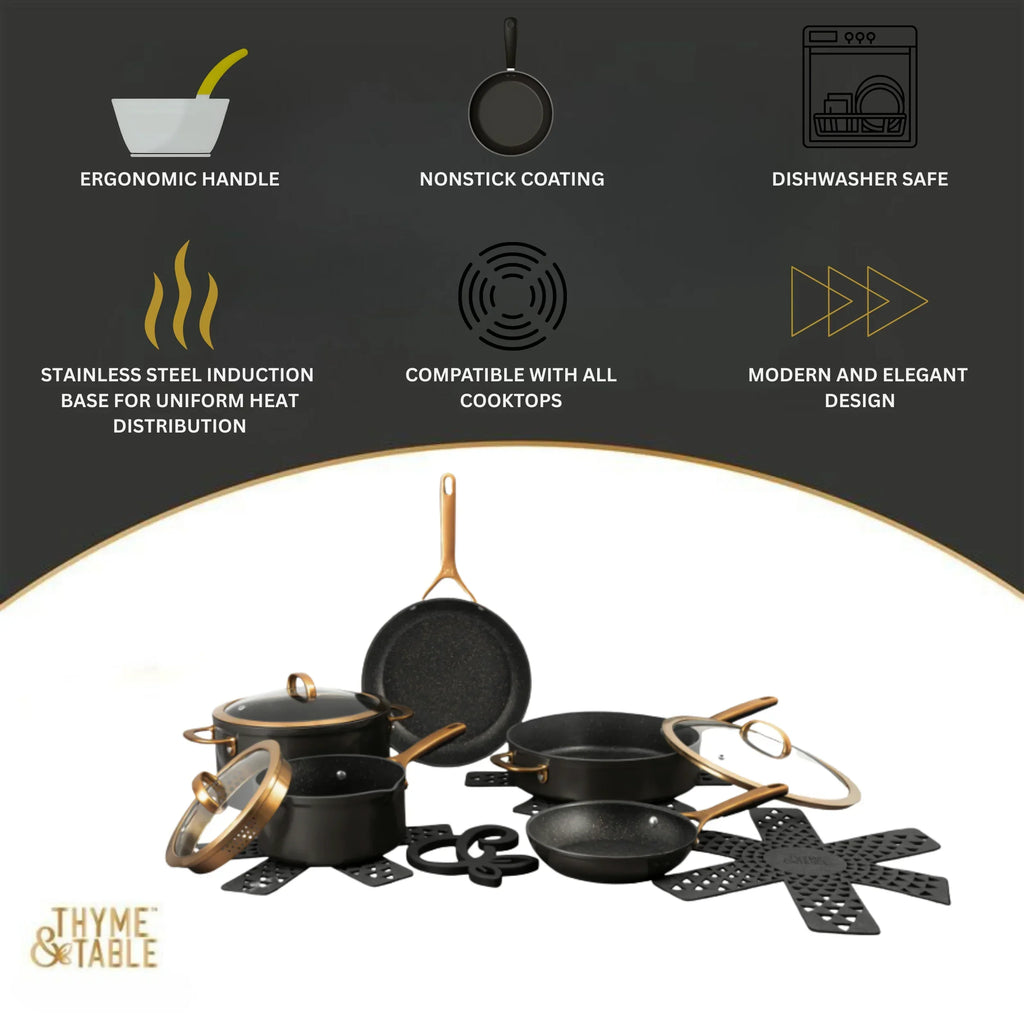 Nouveauté 2026 – Batterie de cuisine antiadhésive 12 pièces Thyme & Table Supreme , casseroles et poêles - Bronze