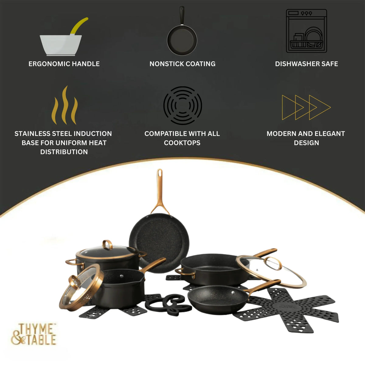 Nouveauté 2026 – Batterie de cuisine antiadhésive 12 pièces Thyme & Table Supreme , casseroles et poêles - Bronze
