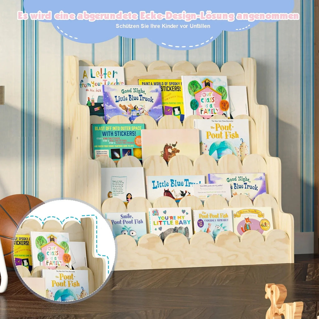 Nouveauté 2026 – Étagère Montessori en bois pour enfants - Présentoir à livres festonné à 4 niveaux, rangement pour livres et jouets de bébé/tout-petit, rangement mixte pour salle de jeux ou classe