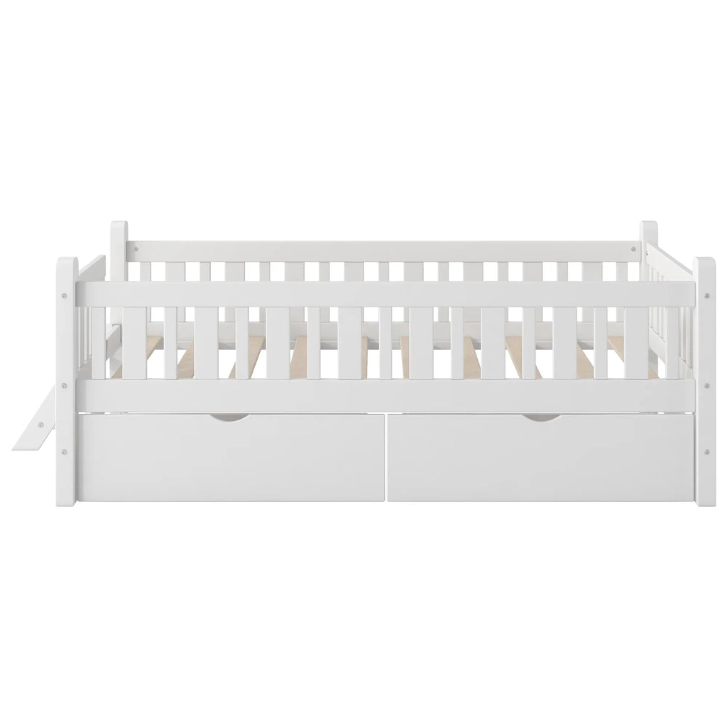 Nouveauté 2026 – Lit plateforme Euroco en bois, taille simple, avec 2 tiroirs et échelle, pour enfants et tout-petits, blanc