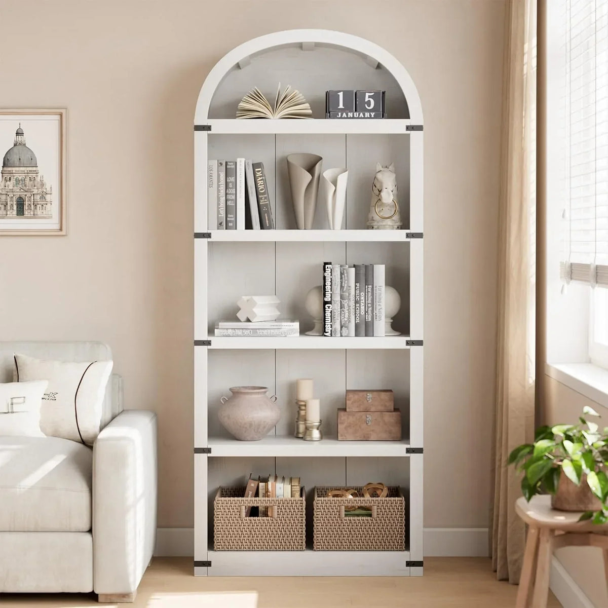 Nouveauté 2026 – Bibliothèque arquée à 5 étagères, 182 cm de haut, style ferme, étagère de rangement en bois pour la maison, le bureau ou le salon (blanche