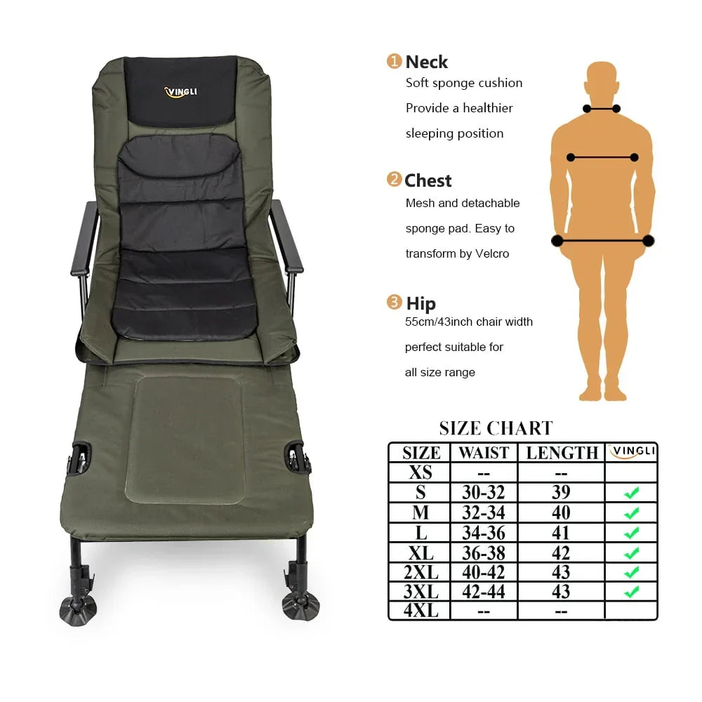 Nouveauté 2026 – Chaise de pêche surdimensionnée VINGLI avec repose-pieds, supporte jusqu'à 200 kg, dossier inclinable à 160°, noir et vert armée