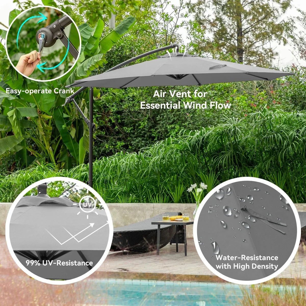 Nouveauté 2026 – Parasol déporté suspendu JUSTLET de 3 m (10 pi) robuste avec base en 4 pièces incluse, beige