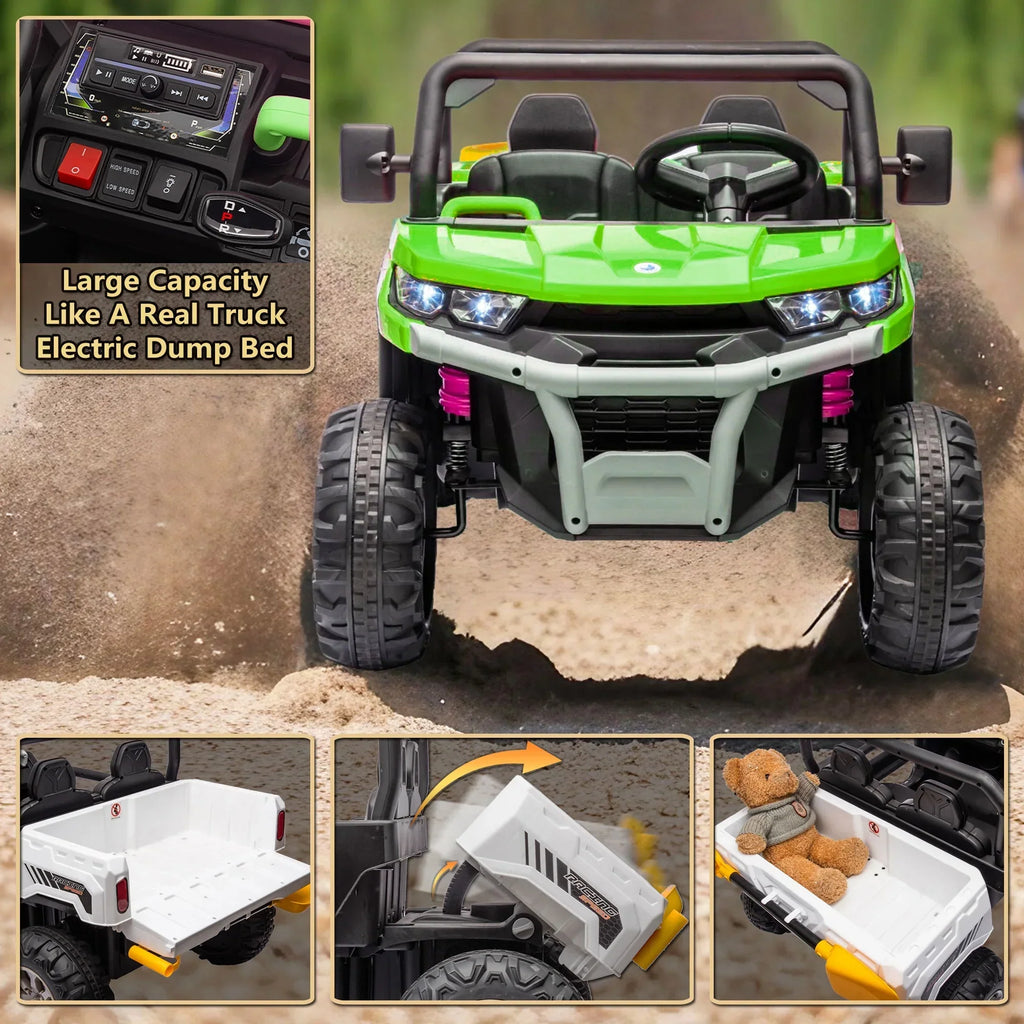 Nouveauté 2026 – Camion électrique Xuanlur 24V 2 places pour enfants , avec moteur 2x200W, benne basculante/pelle, pneus résistants, lumières LED, musique et télécommande, noir