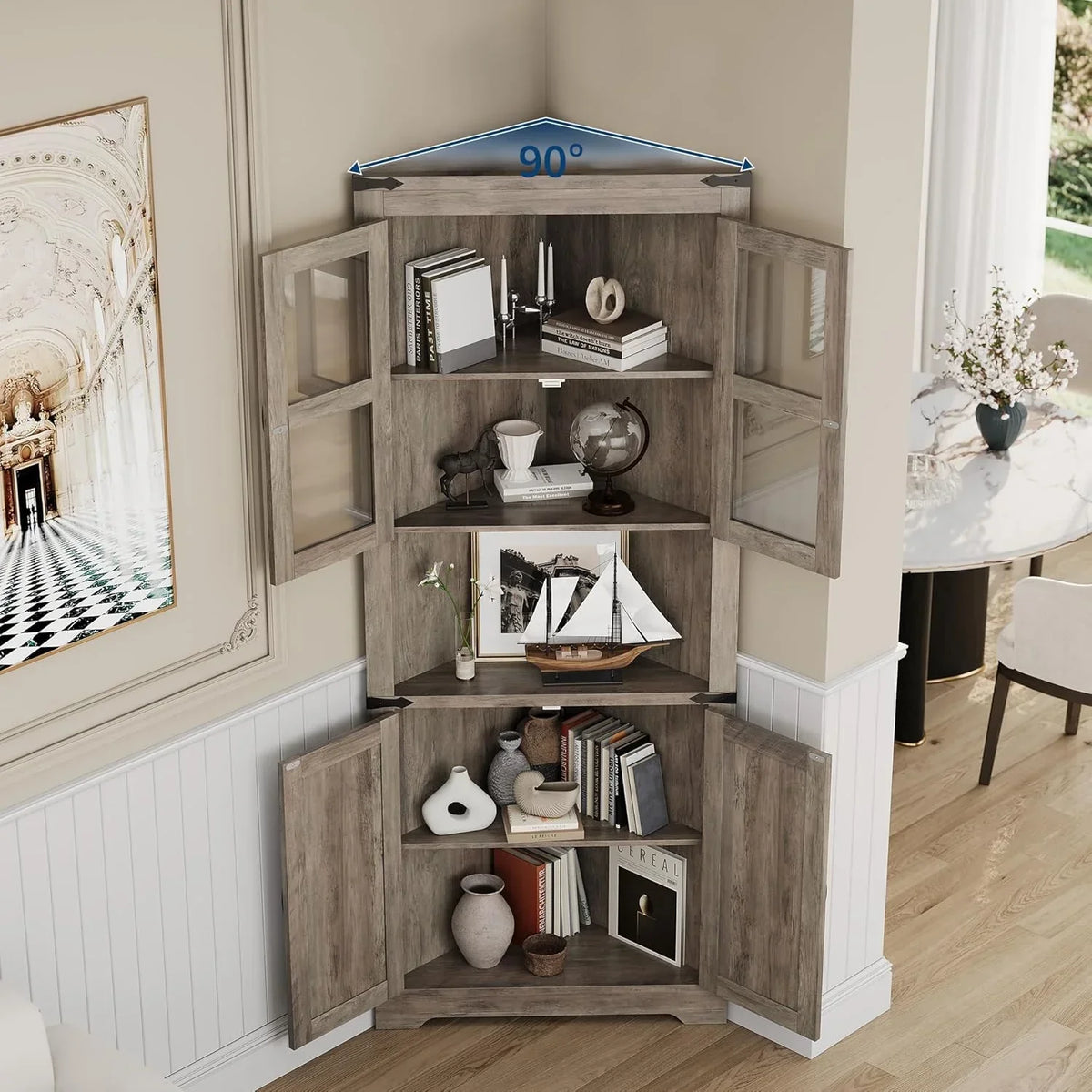 Nouveauté 2026 – Meuble de rangement d'angle de 170 cm de haut avec éclairage, style ferme, avec portes vitrées, en bois, pour cuisine, salon ou salle de bain, gris délavé