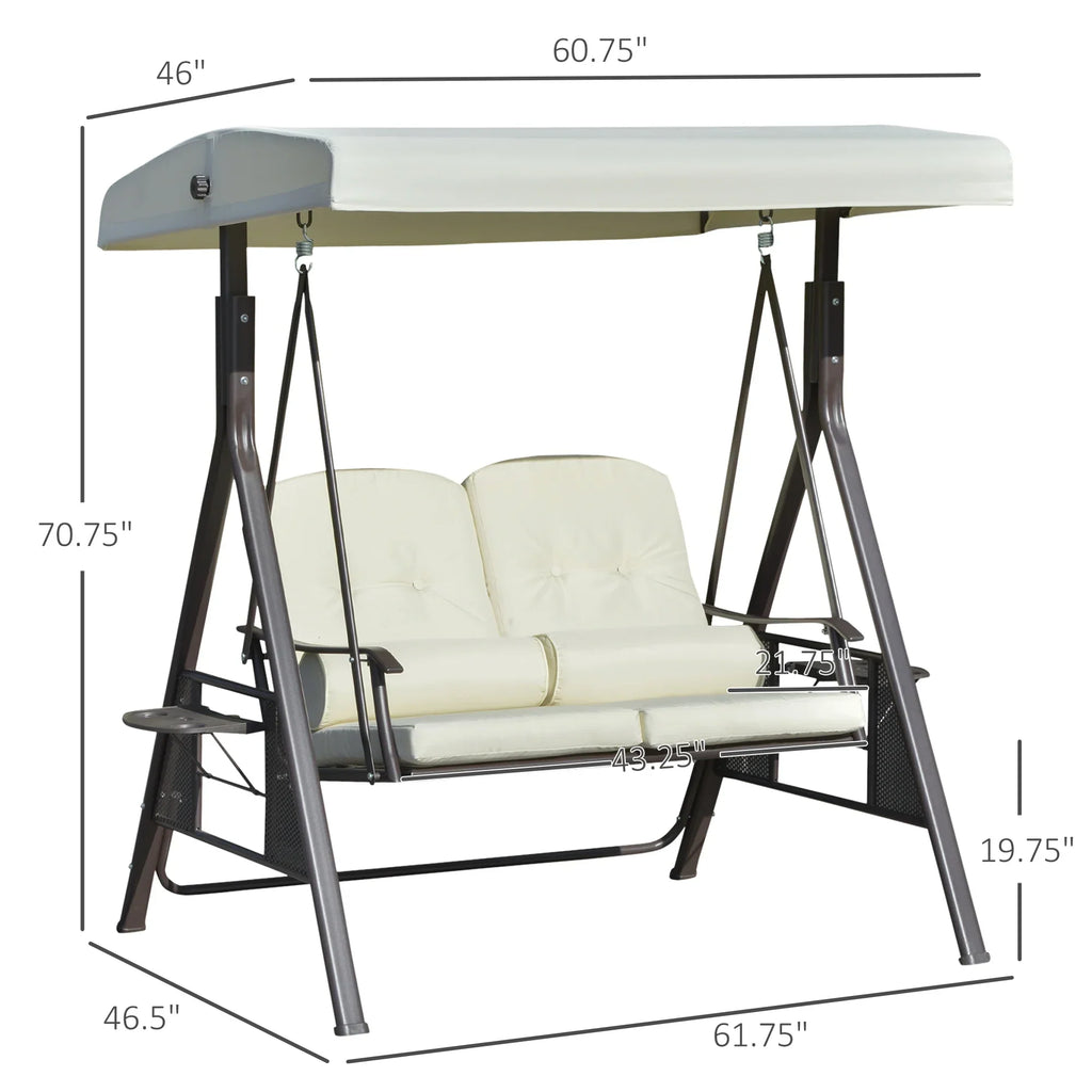 Nouveauté 2026 – Balancelle de patio Outsunny 2 places pour 2 personnes avec auvent réglable, coussins moelleux, coussins décoratifs et plateau, beige