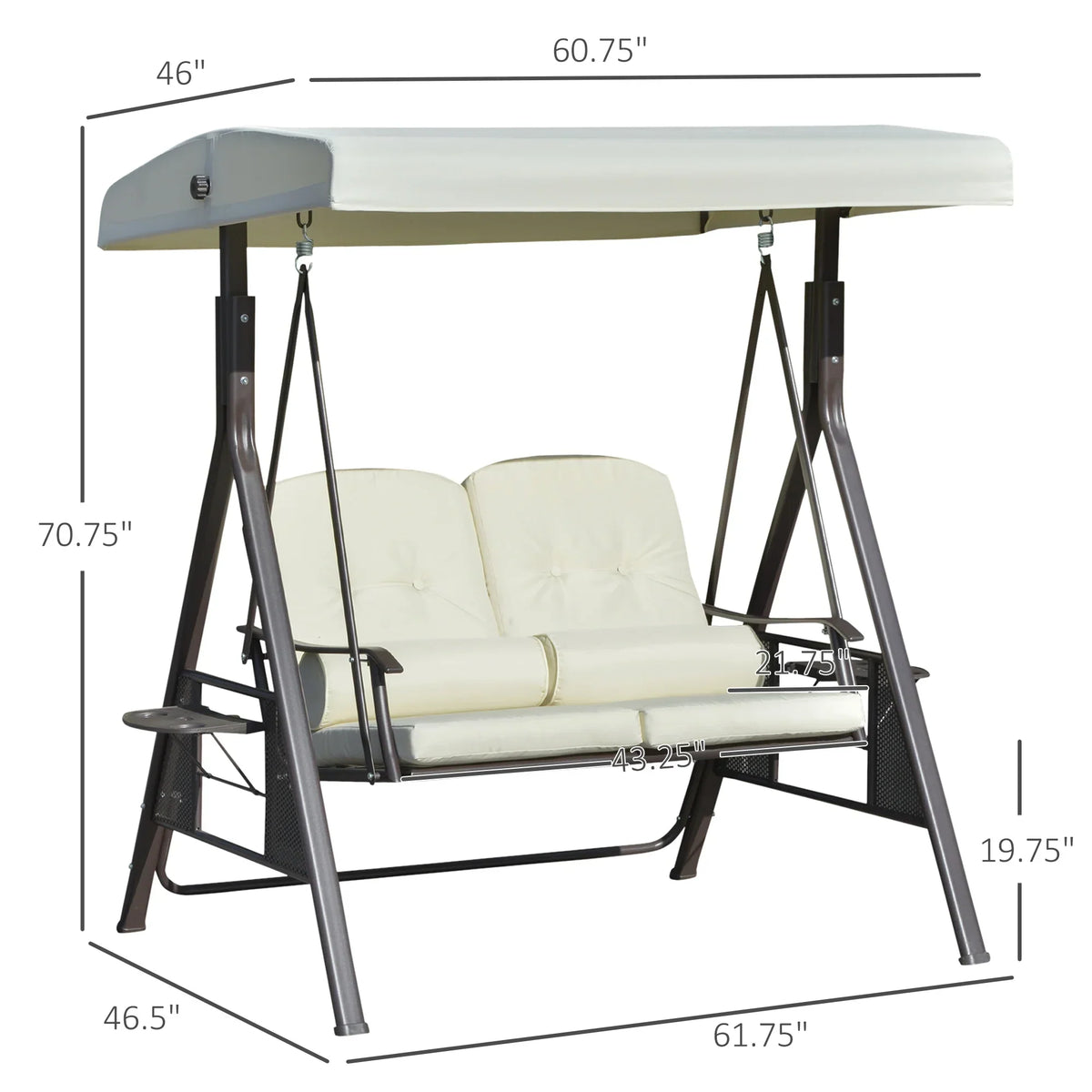 Nouveauté 2026 – Balancelle de patio Outsunny 2 places pour 2 personnes avec auvent réglable, coussins moelleux, coussins décoratifs et plateau, beige