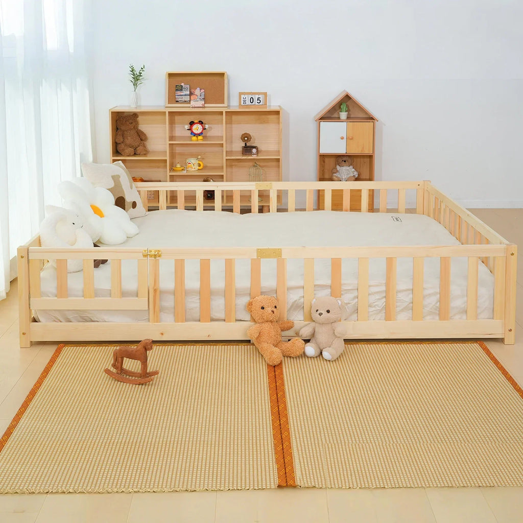 Nouveauté 2026 – Lit de sol Montessori pour tout-petits (taille jumelle), cadre de lit en bois massif avec barrière et porte, pour filles et garçons