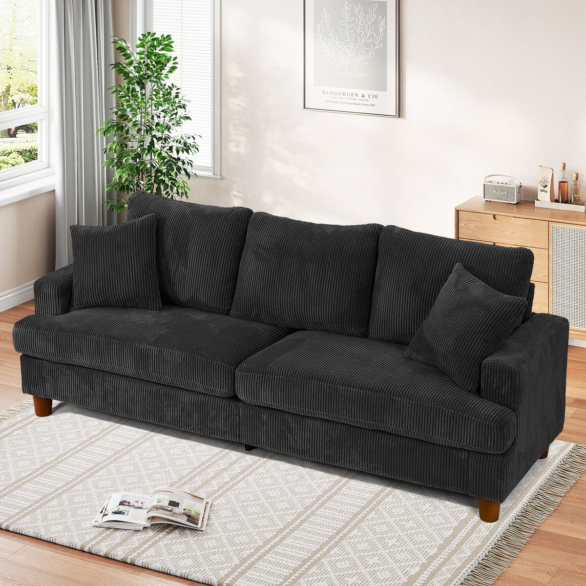 Nouveauté 2026 – Canapé 3 places en velours côtelé 221 cm (87 pouces), avec assises extra profondes, confortable et rembourré, idéal pour le salon. Comprend 2 coussins et est disponible en vert