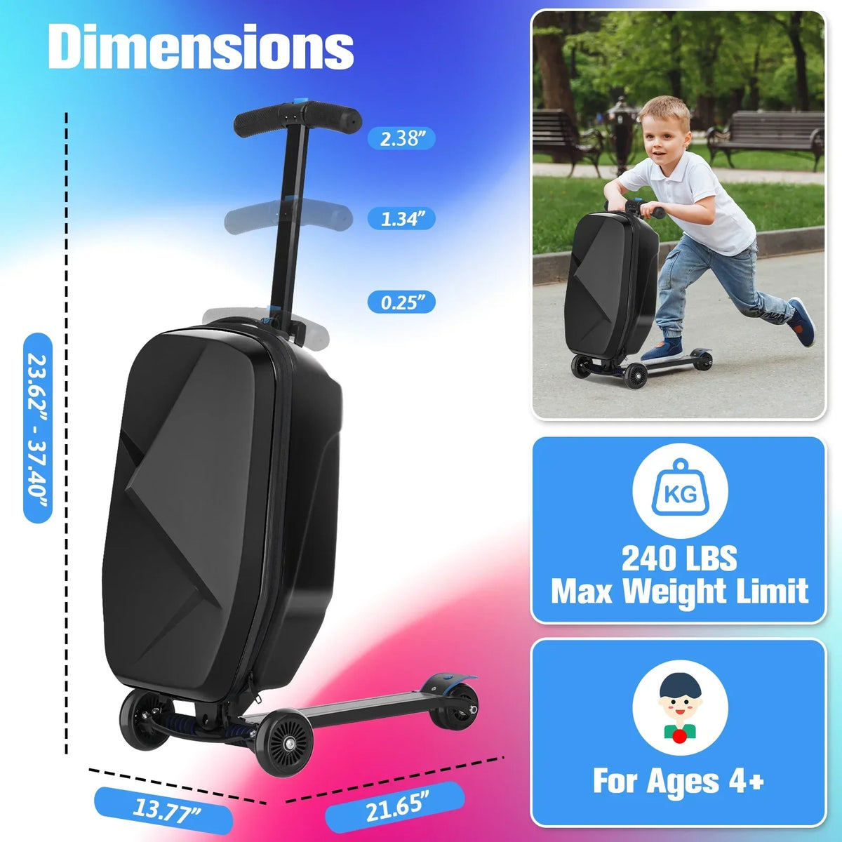 Nouveauté 2026 – Valise-trottinette Advwin pour enfants et adultes, valise rigide à roulettes pour enfants de 4 à 15 ans, multifonctionnelle, légère et pliable, avec roulettes, rose