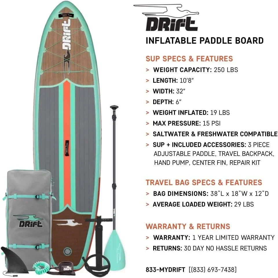 Nouveauté 2026 – Planche de paddle gonflable Drift Aero - SUP et accessoires, incluant pompe, pagaie et plus encore - Finition bois classique, adulte, 3,25 m (10'8