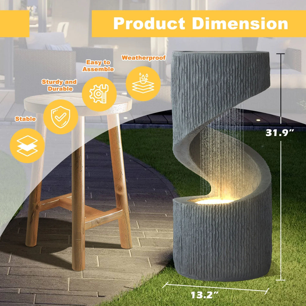 Nouveauté 2026 – Fontaine d'extérieur en forme de S Magic Union , fontaine d'intérieur à cascade en spirale avec lumières LED et pompe, fontaine incurvée en résine pour patio, cour, terrasse, porche et décoration intérieure