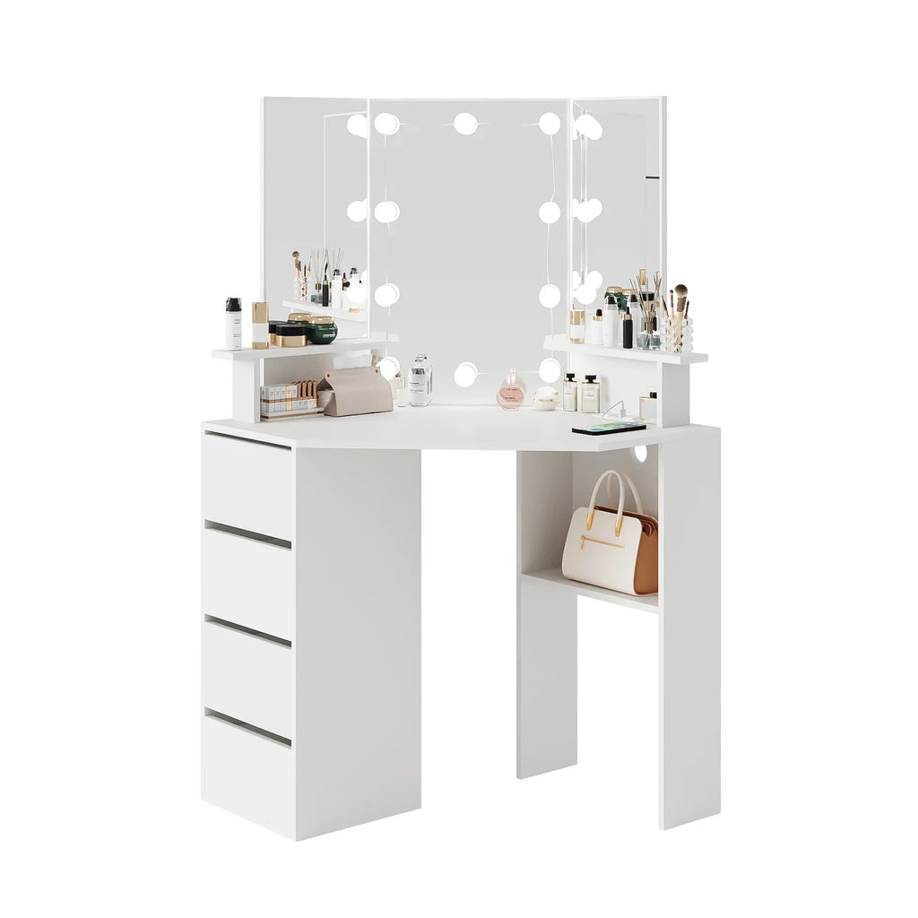 Nouveauté 2026 – Coiffeuse d'angle en placage bois blanc avec miroir et lumière, table de maquillage avec 4 tiroirs et station de recharge pour chambre à coucher