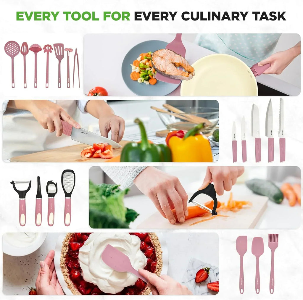 Nouveauté 2026 – Ensemble de cuisine 54 pièces – Ensemble complet de casseroles et poêles en céramique antiadhésive avec ustensiles, moules à pâtisserie et couteaux, compatible gaz, électrique et induction, rose poudré – Indispensables pour la cuisin