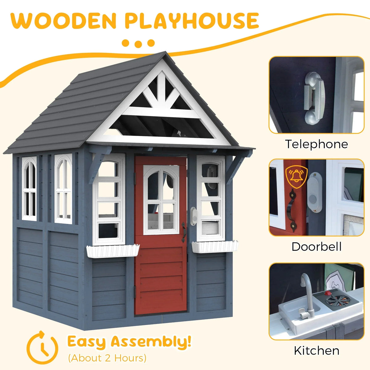 Nouveauté 2026 – Maisonnette d'extérieur COCLUB pour enfants de 4 à 8 ans, en bois, avec sonnette, téléphone et jouets de cuisine. Dimensions : 114 cm (L) x 165 cm (H). Couleurs : blanc et noir