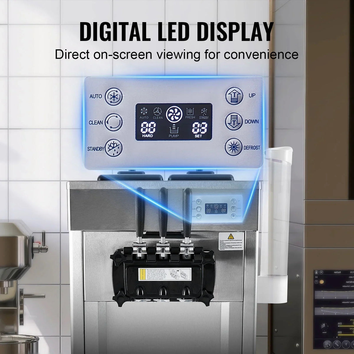 Nouveauté 2026 – Machine à glace molle commerciale KFFKFF , débit de 21 à 31 l/h, 3 parfums, affichage LED, nettoyage automatique, trémie de 4,3 l/1,1 gal, réservoir de 1,7 l/0,45 gal