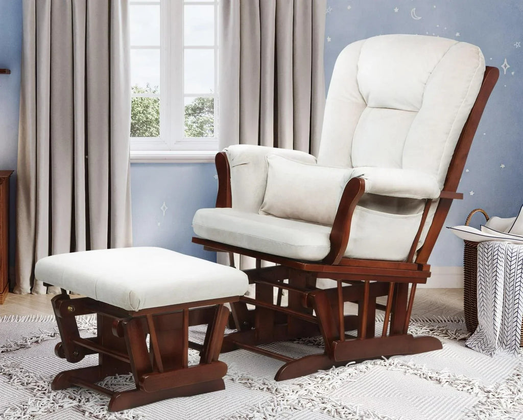 Nouveauté 2026 – Fauteuil à bascule Alice et repose-pieds avec coussin, finition espresso, coussins beiges, AFG