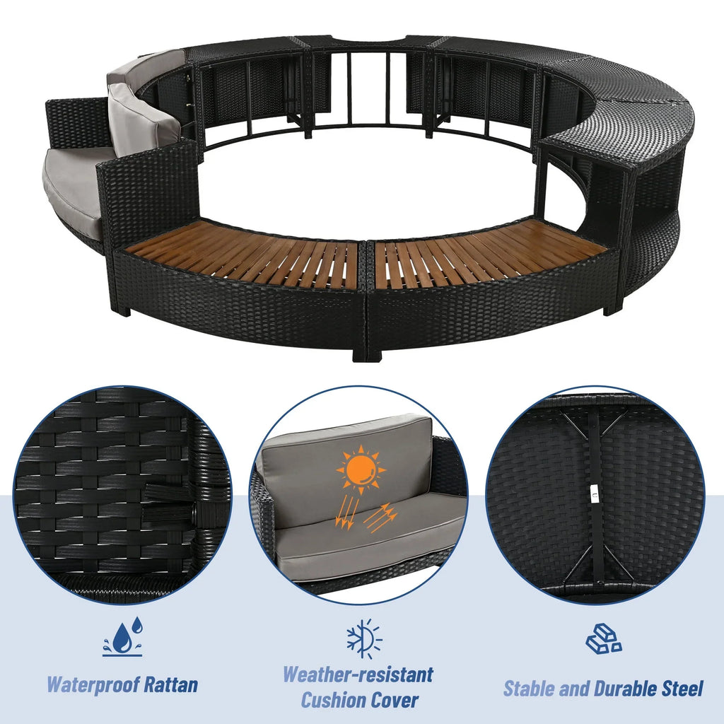 Nouveauté 2026 – Ensemble de mobilier de jardin Round pour spa , canapé d'angle en rotin avec mini-canapé, rangement pour spa en bois d'acacia massif, coussins gris