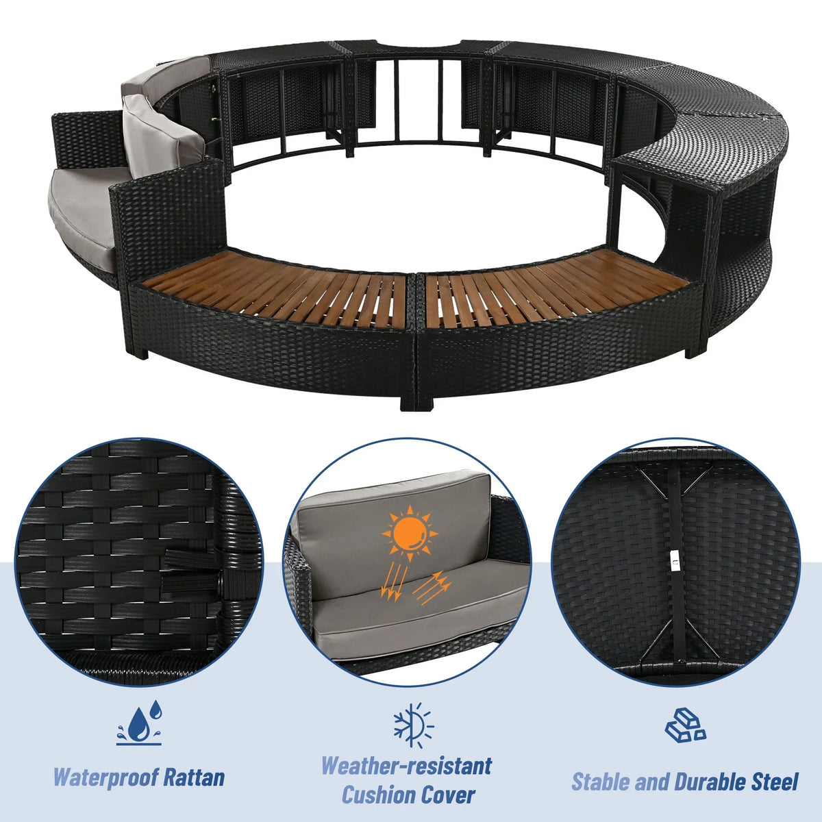 Nouveauté 2026 – Ensemble de mobilier de jardin Round pour spa , canapé d'angle en rotin avec mini-canapé, rangement pour spa en bois d'acacia massif, coussins gris