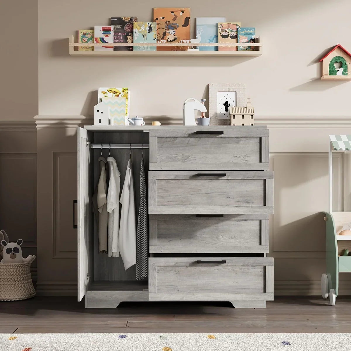 Nouveauté 2026 – Armoire-penderie en bois Ataucjin avec 4 tiroirs et une porte, hauteur 110 cm (43,3 po), avec tringle, rangement pour vêtements, commode à 4 tiroirs avec placard de rangement