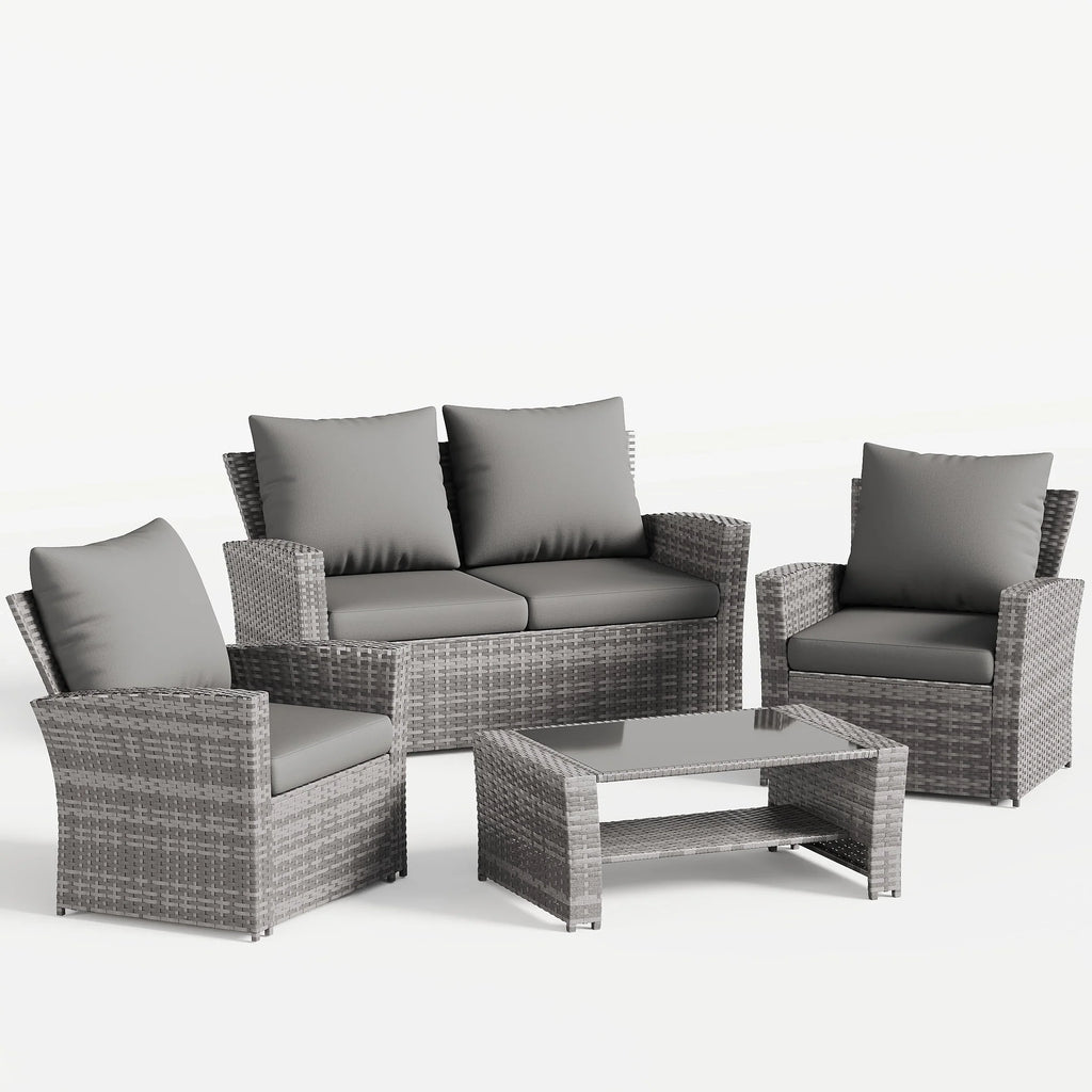 Nouveauté 2026 – Ensemble de mobilier de patio en résine tressée UDPATIO , ensemble de conversation d'extérieur 4 pièces, canapé de patio en rotin PE gris pour balcon, porche, jardin, gris