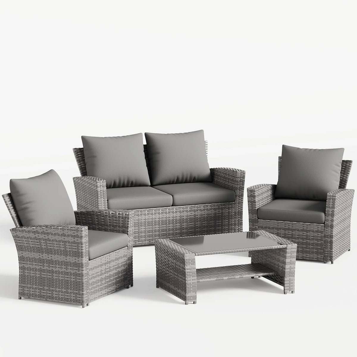 Nouveauté 2026 – Ensemble de mobilier de patio en résine tressée UDPATIO , ensemble de conversation d'extérieur 4 pièces, canapé de patio en rotin PE gris pour balcon, porche, jardin, gris