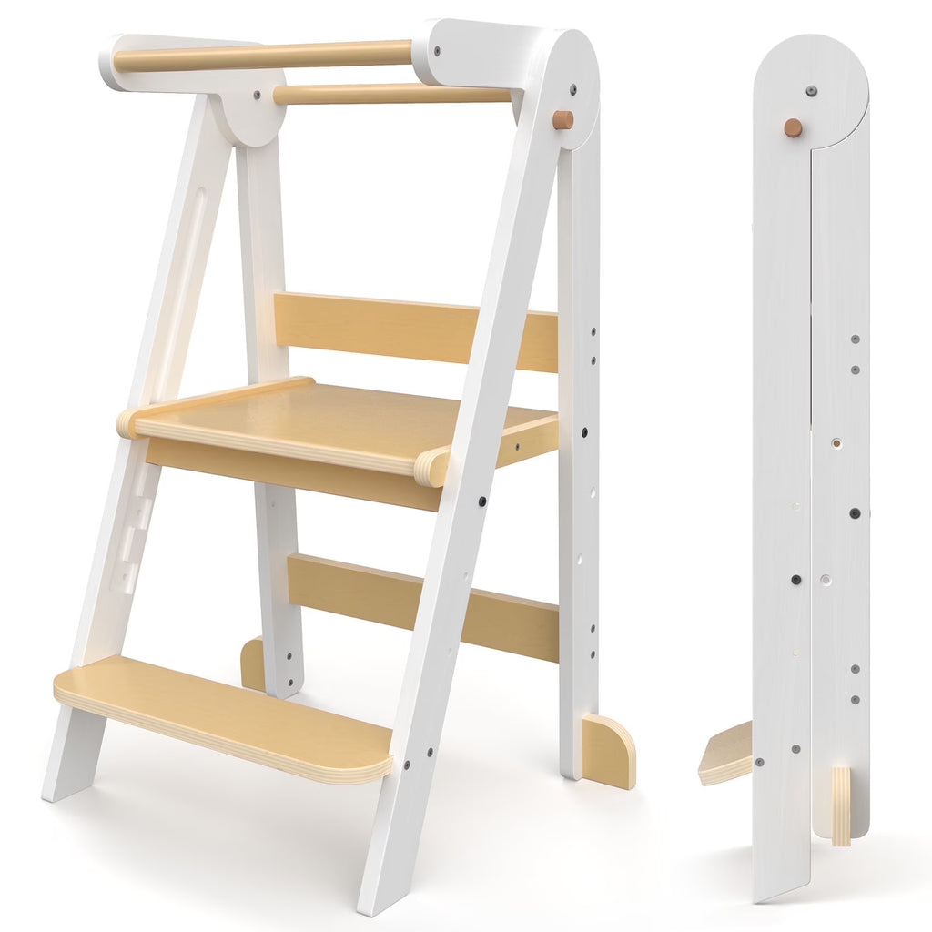 Nouveauté 2026 – Marchepied de cuisine JOZ pour tout-petits, tabouret d'apprentissage Montessori, tour pliable pour le comptoir, aide à la station debout pour les enfants, 3 hauteurs réglables, en bois, blanc