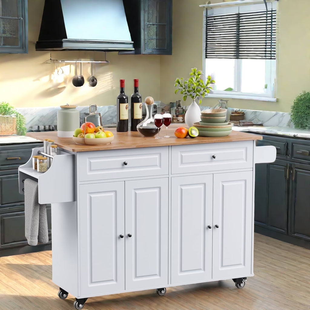 Nouveauté 2026 – Îlot de cuisine Lofka 52 pouces (132 cm) avec rangement sur roulettes et abattant en bois, idéal pour les petites cuisines