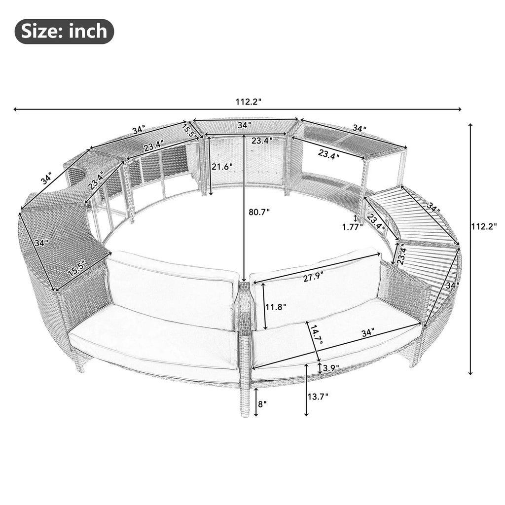 Nouveauté 2026 – Ensemble de mobilier de jardin Round pour spa , canapé d'angle en rotin avec mini-canapé, rangement pour spa en bois d'acacia massif, coussins gris