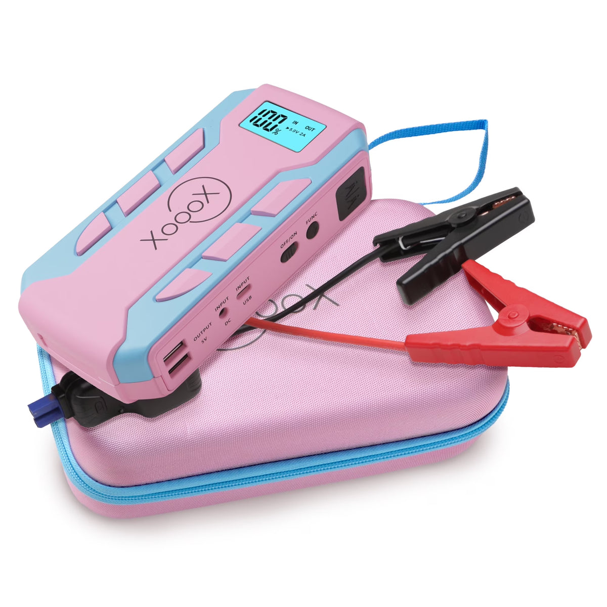 Nouveauté 2026 – Kit de démarrage de batterie portable XoooX rose avec câbles de démarrage, lampe LED et étui ; batterie de démarrage 12 V ; chargeur de batterie portable pour appareils USB/USB-C