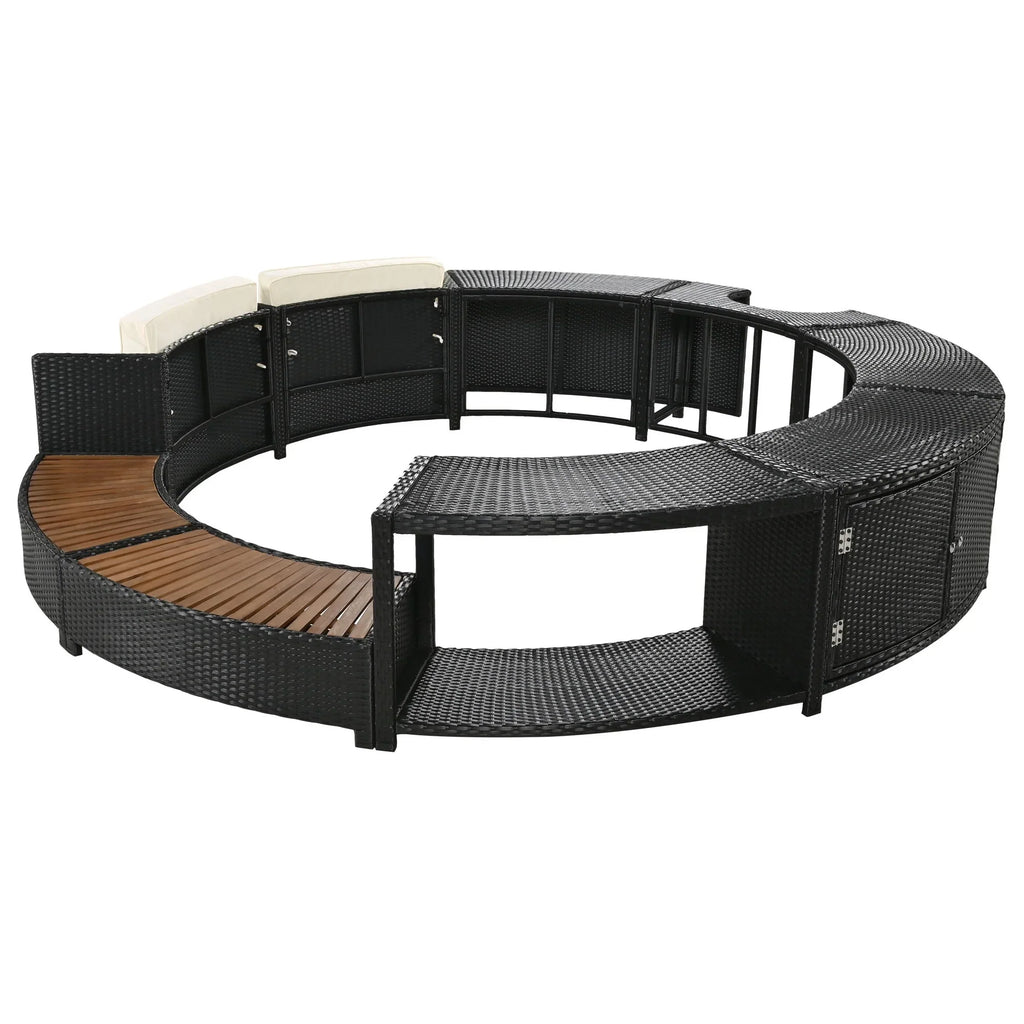 Nouveauté 2026 – Ensemble de mobilier de jardin Round pour spa , canapé d'angle en rotin avec mini-canapé, rangement pour spa en bois d'acacia massif, coussins gris