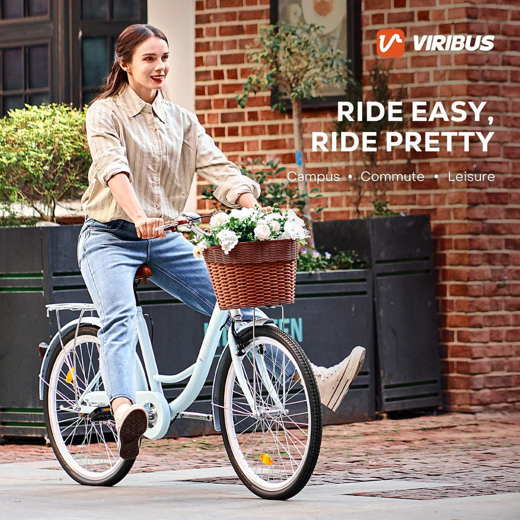 Nouveauté 2026 – Vélo confort femme Viribus , 24 pouces, style cruiser plage et ville, avec panier, blanc