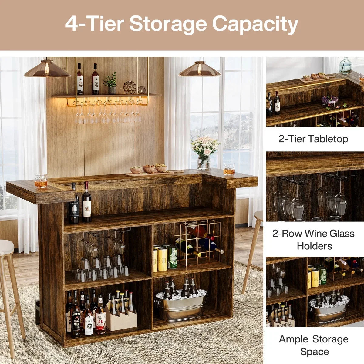 Nouveauté 2026 – Table de bar à 4 niveaux Tribesigns , grand meuble bar de 180 cm avec porte-verres à vin et repose-pieds noir, pour cuisine, salle à manger, salon, pub, marron rustique
